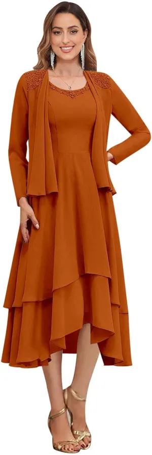 GUKARLEED Women's Long Sleeve Mother of The Bride Dresses with Jacket Lace Appliques Tiered V Neck Formal Wedding Guest Dress