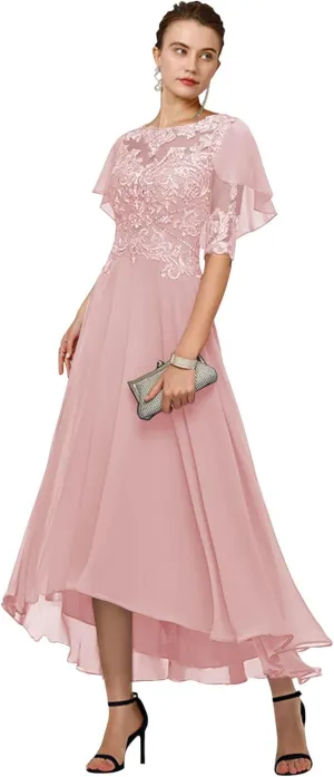 GUKARLEED Womens Mother of The Bride Dresses Formal Wedding Guest Scoop Neck Tea Length Chiffon Half Sleeve with Appliques