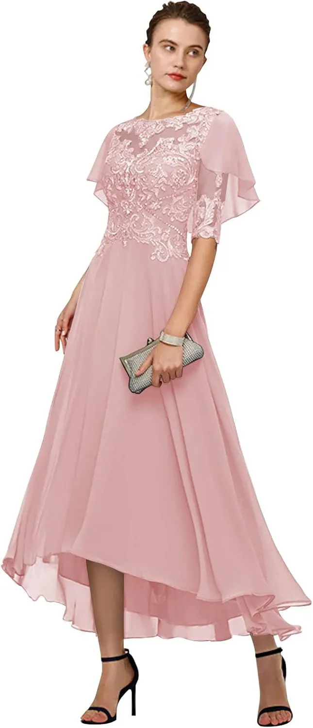 GUKARLEED Womens Mother of The Bride Dresses Formal Wedding Guest Scoop Neck Tea Length Chiffon Half Sleeve with Appliques