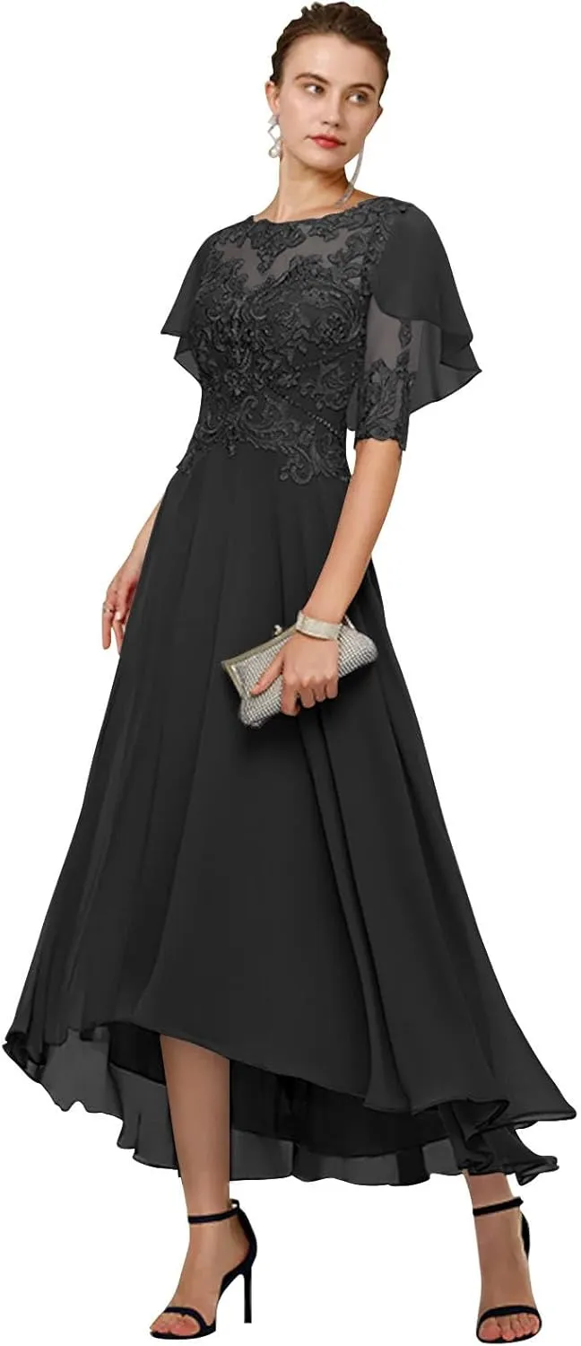 GUKARLEED Womens Mother of The Bride Dresses Formal Wedding Guest Scoop Neck Tea Length Chiffon Half Sleeve with Appliques
