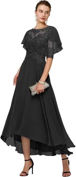 GUKARLEED Womens Mother of The Bride Dresses Formal Wedding Guest Scoop Neck Tea Length Chiffon Half Sleeve with Appliques