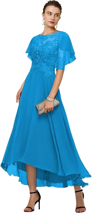 GUKARLEED Womens Mother of The Bride Dresses Formal Wedding Guest Scoop Neck Tea Length Chiffon Half Sleeve with Appliques
