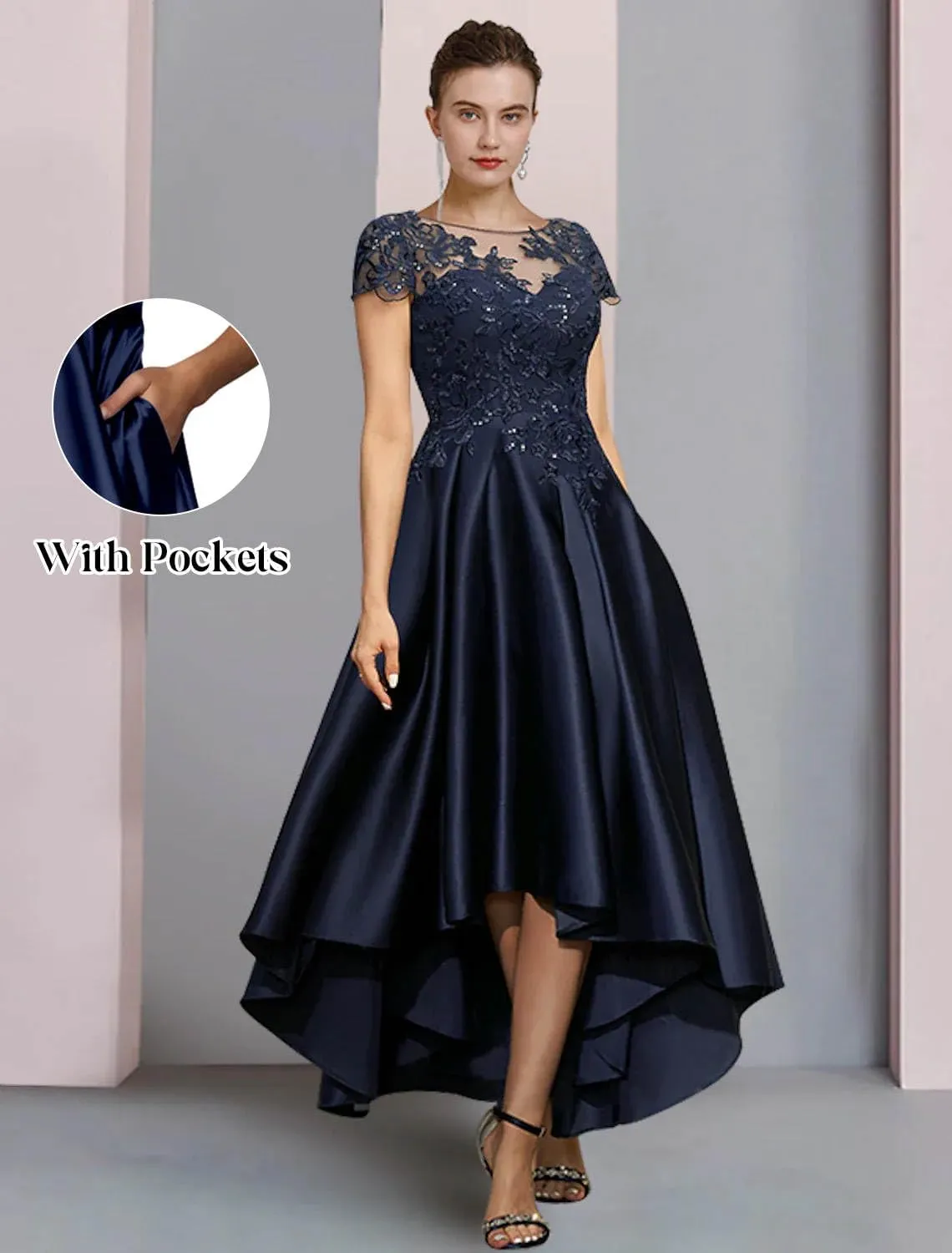 GUKARLEED Womens Tea Length Satin Mother of The Bride Dresses for Wedding High Low Appliques Cap Sleeve Formal Evening Gowns