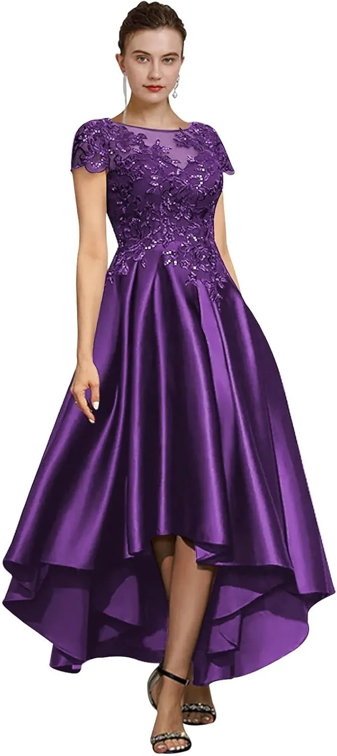 GUKARLEED Womens Tea Length Satin Mother of The Bride Dresses for Wedding High Low Appliques Cap Sleeve Formal Evening Gowns