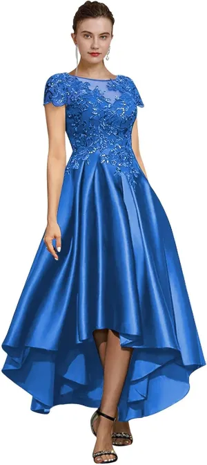 GUKARLEED Womens Tea Length Satin Mother of The Bride Dresses for Wedding High Low Appliques Cap Sleeve Formal Evening Gowns