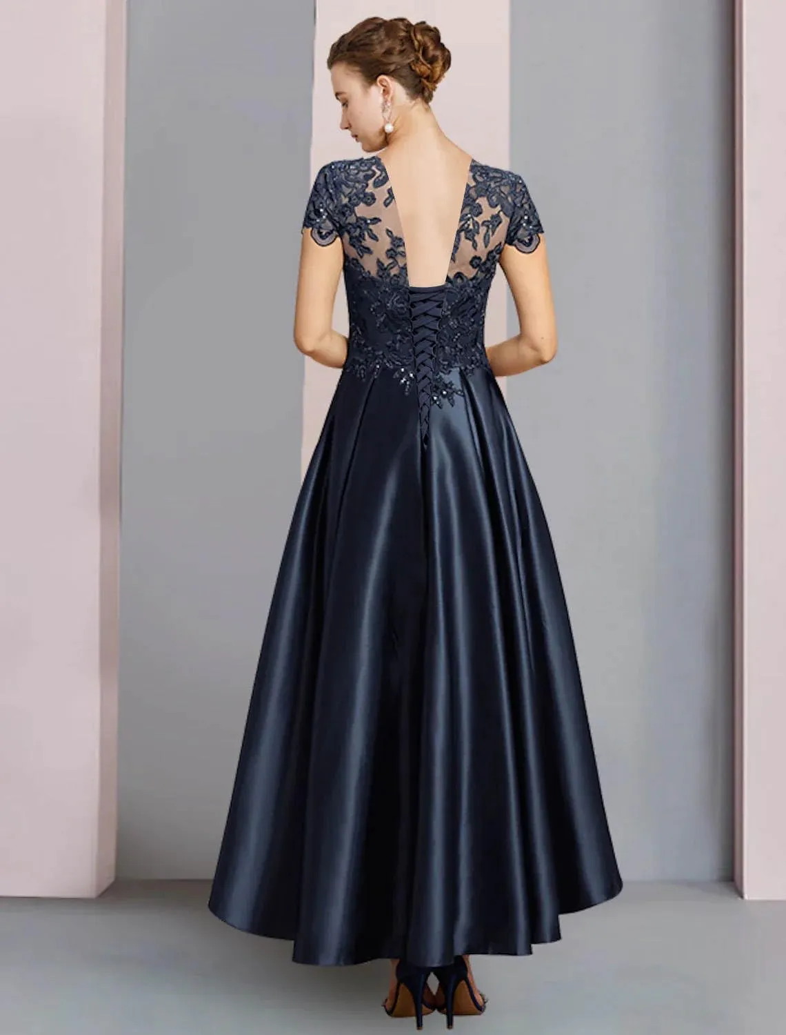 GUKARLEED Womens Tea Length Satin Mother of The Bride Dresses for Wedding High Low Appliques Cap Sleeve Formal Evening Gowns