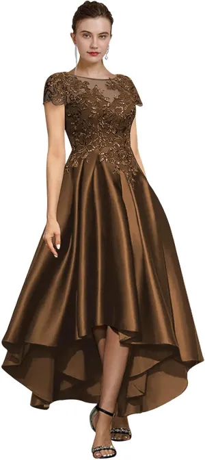 GUKARLEED Womens Tea Length Satin Mother of The Bride Dresses for Wedding High Low Appliques Cap Sleeve Formal Evening Gowns