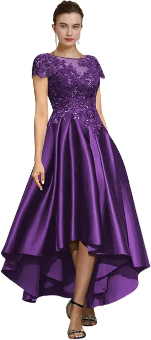GUKARLEED Womens Tea Length Satin Mother of The Bride Dresses for Wedding High Low Appliques Cap Sleeve Formal Evening Gowns