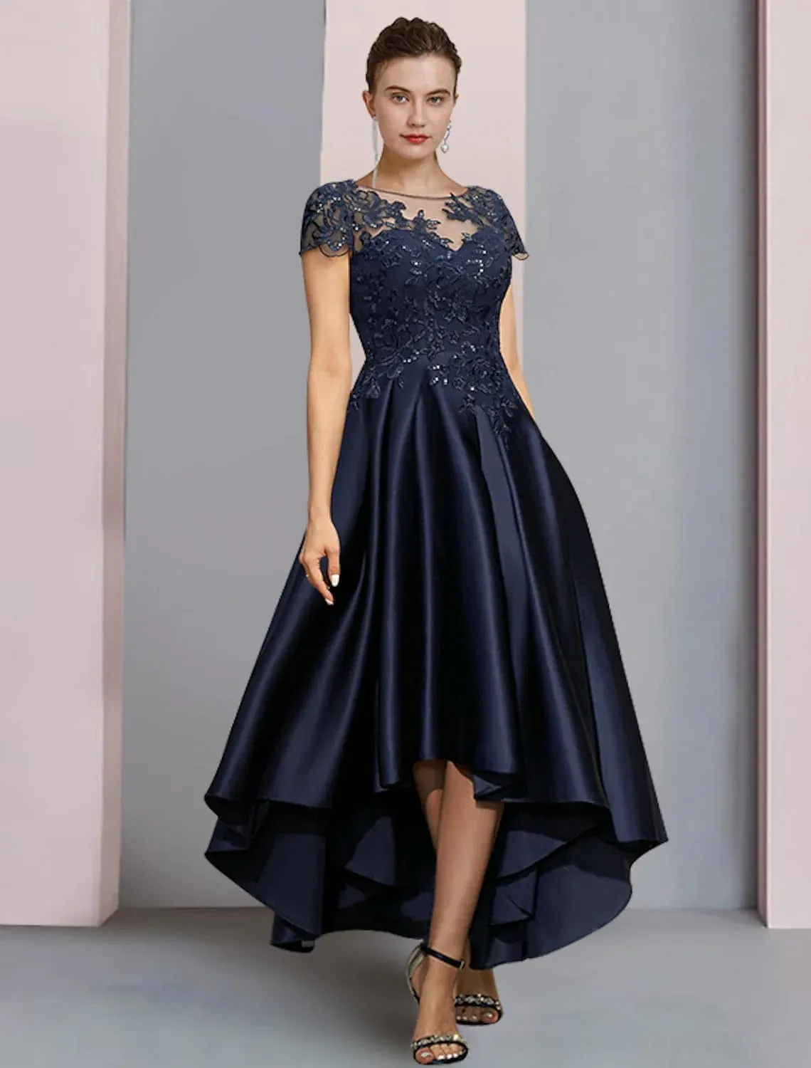 GUKARLEED Womens Tea Length Satin Mother of The Bride Dresses for Wedding High Low Appliques Cap Sleeve Formal Evening Gowns