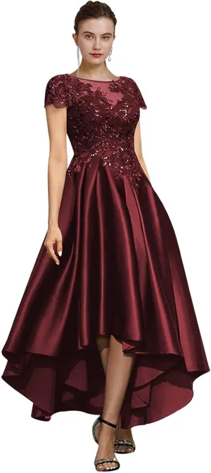 GUKARLEED Womens Tea Length Satin Mother of The Bride Dresses for Wedding High Low Appliques Cap Sleeve Formal Evening Gowns