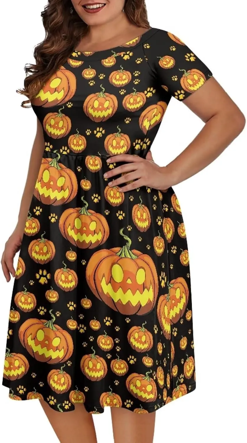 Halloween Flowy Knee Length Dress for Women Scoop Neck Short Sleeve Midi Dress Size XS-4XL