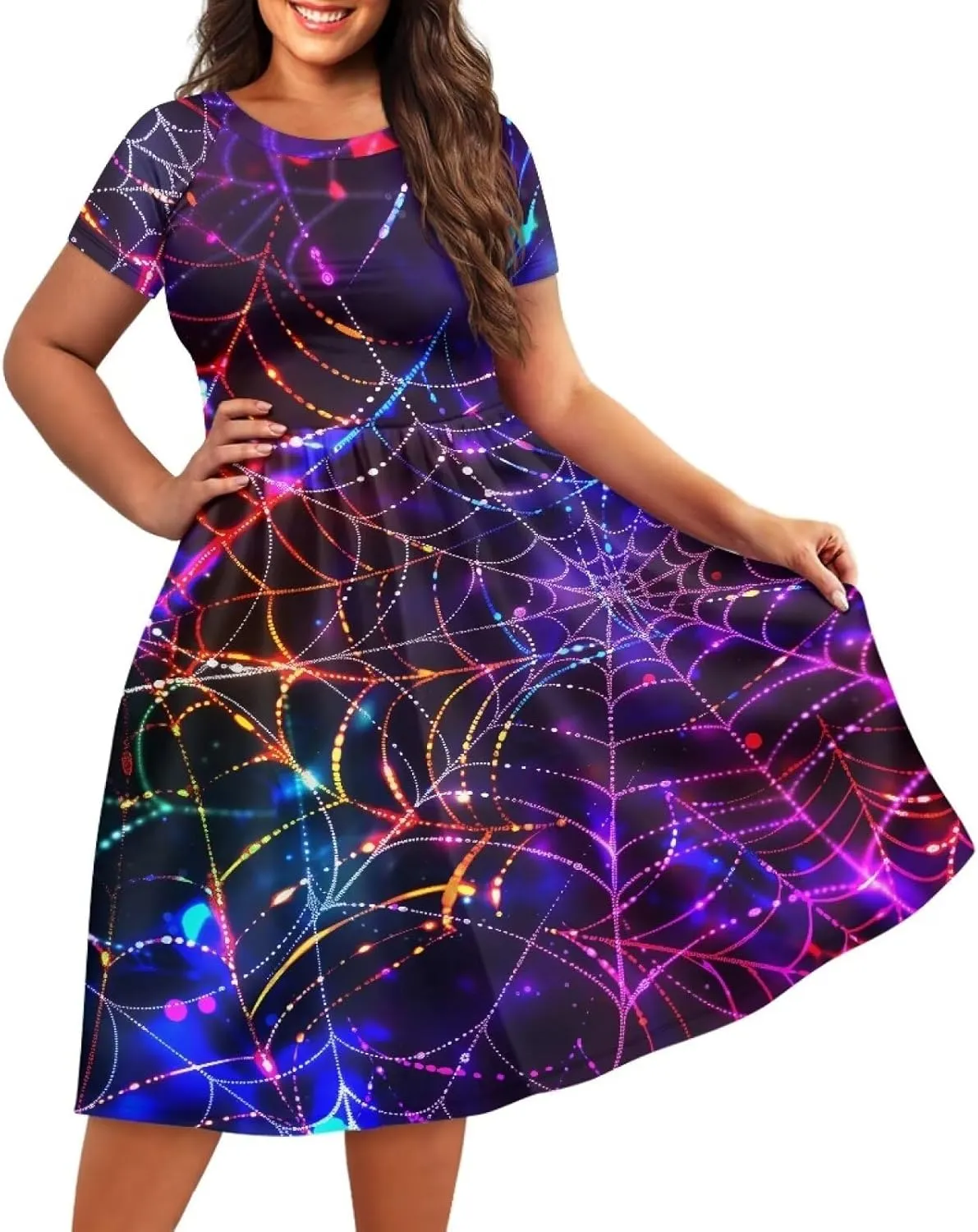 Halloween Flowy Knee Length Dress for Women Scoop Neck Short Sleeve Midi Dress Size XS-4XL