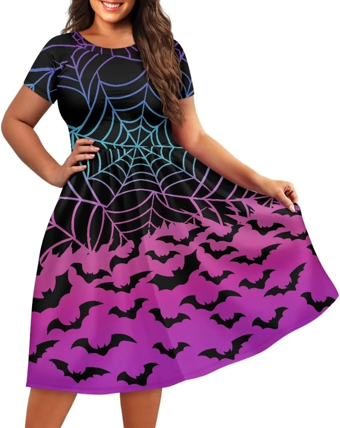 Halloween Flowy Knee Length Dress for Women Scoop Neck Short Sleeve Midi Dress Size XS-4XL