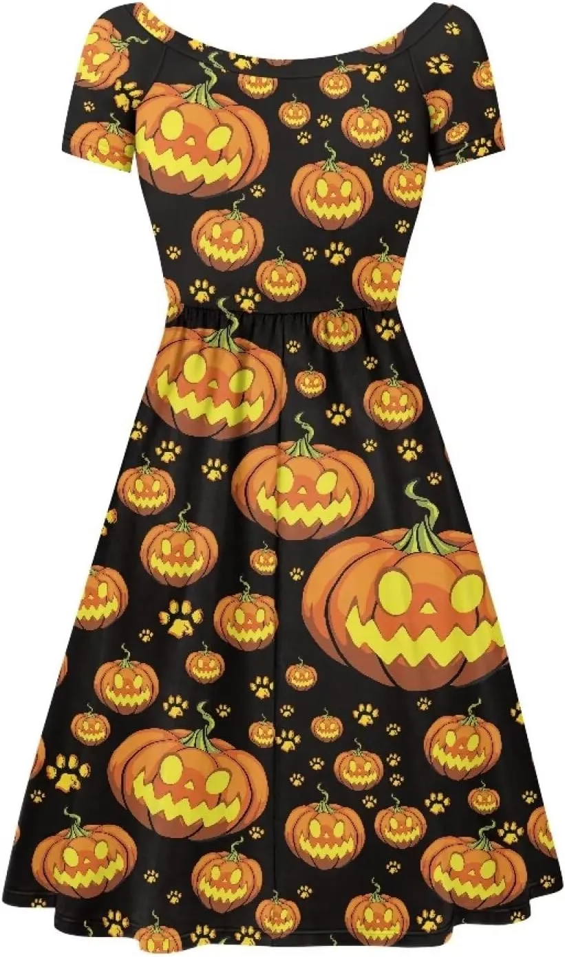 Halloween Flowy Knee Length Dress for Women Scoop Neck Short Sleeve Midi Dress Size XS-4XL