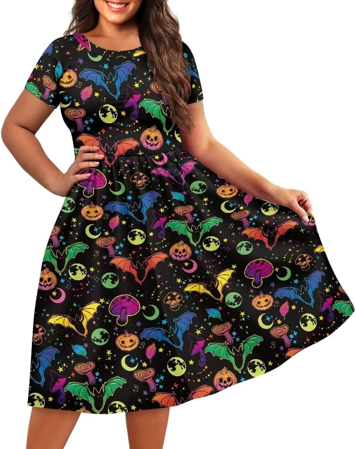 Halloween Flowy Knee Length Dress for Women Scoop Neck Short Sleeve Midi Dress Size XS-4XL