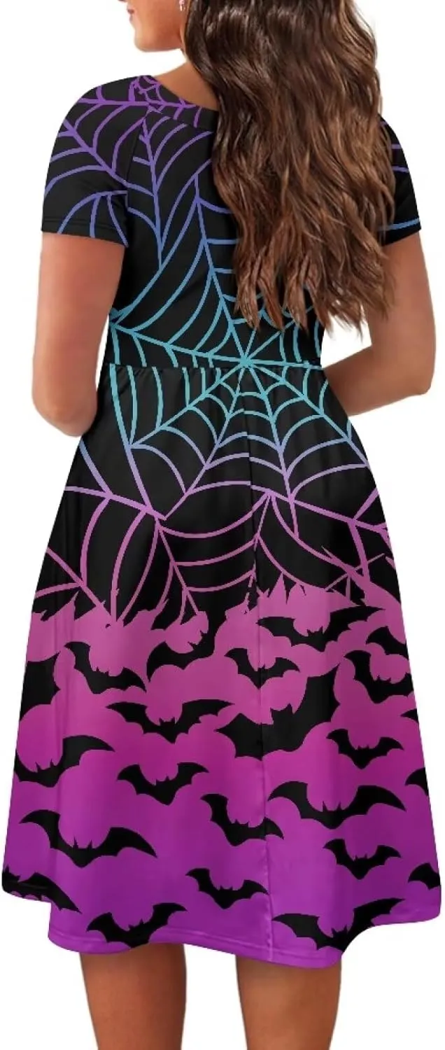 Halloween Flowy Knee Length Dress for Women Scoop Neck Short Sleeve Midi Dress Size XS-4XL