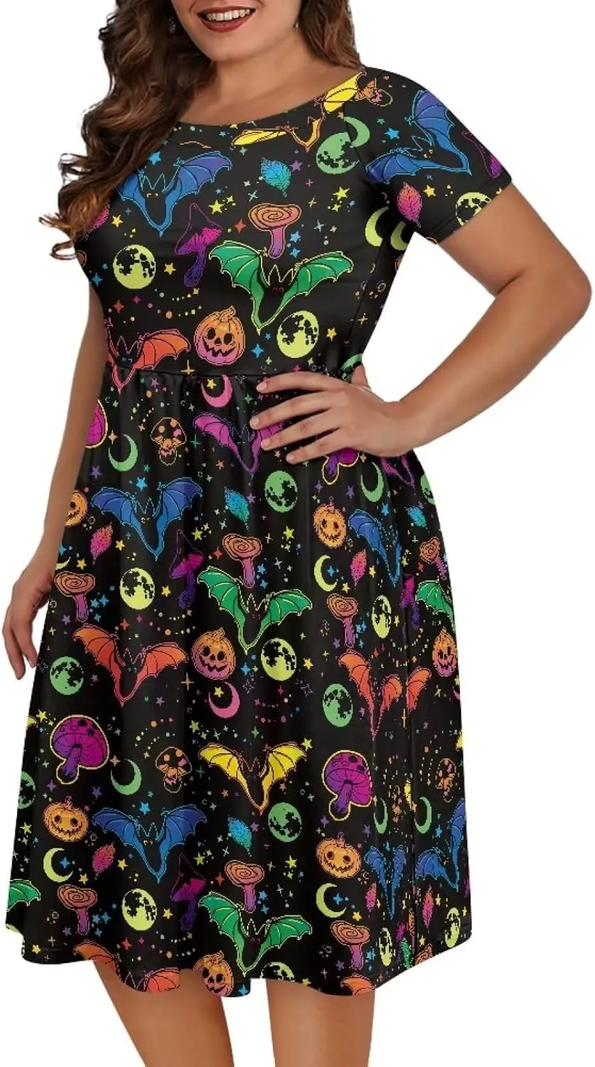 Halloween Flowy Knee Length Dress for Women Scoop Neck Short Sleeve Midi Dress Size XS-4XL