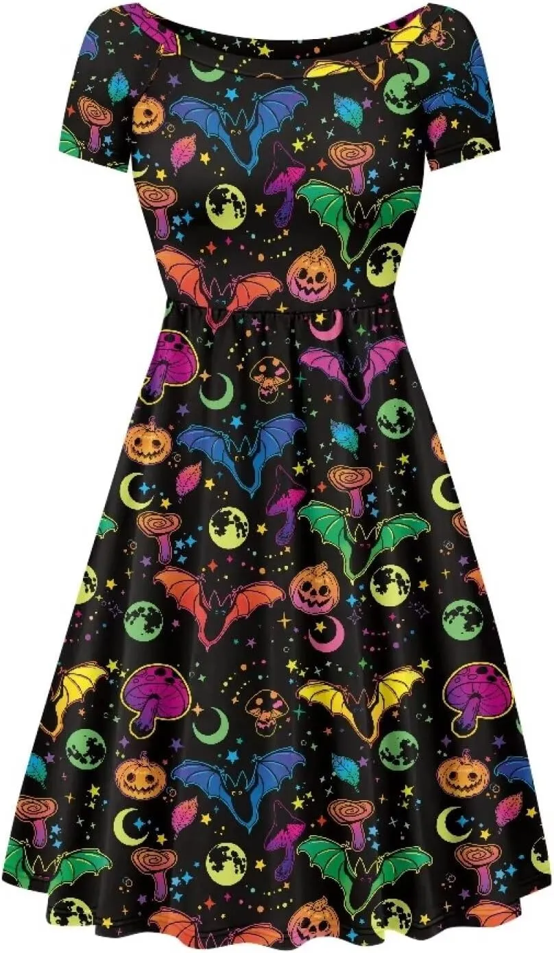 Halloween Flowy Knee Length Dress for Women Scoop Neck Short Sleeve Midi Dress Size XS-4XL