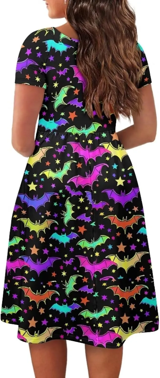 Halloween Flowy Knee Length Dress for Women Scoop Neck Short Sleeve Midi Dress Size XS-4XL