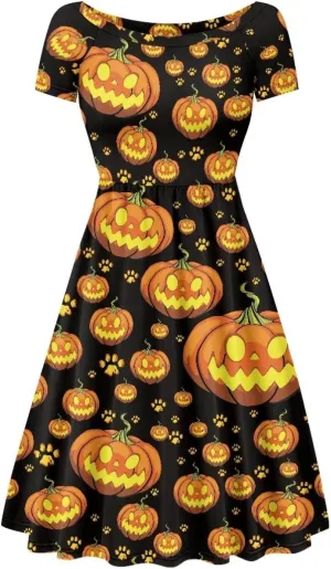 Halloween Flowy Knee Length Dress for Women Scoop Neck Short Sleeve Midi Dress Size XS-4XL