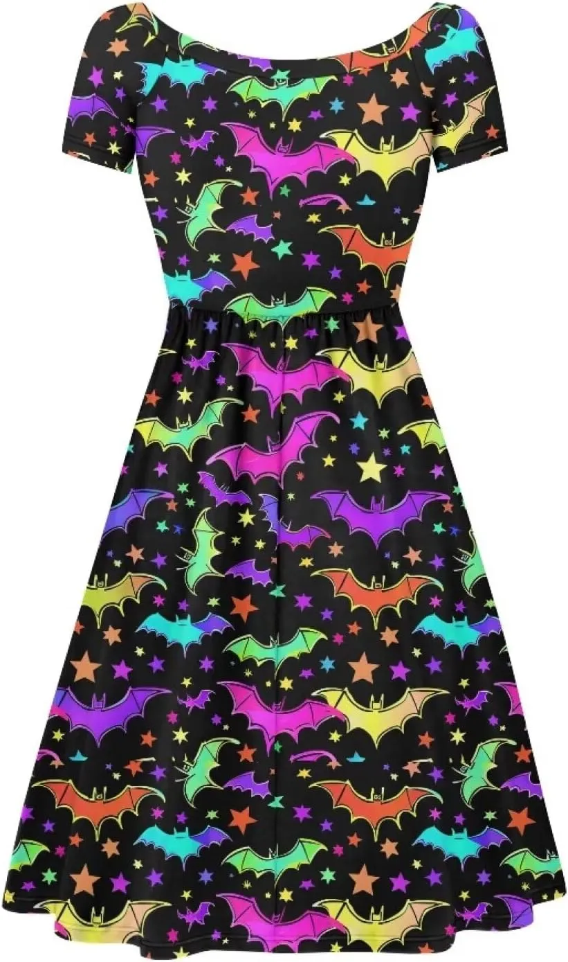 Halloween Flowy Knee Length Dress for Women Scoop Neck Short Sleeve Midi Dress Size XS-4XL