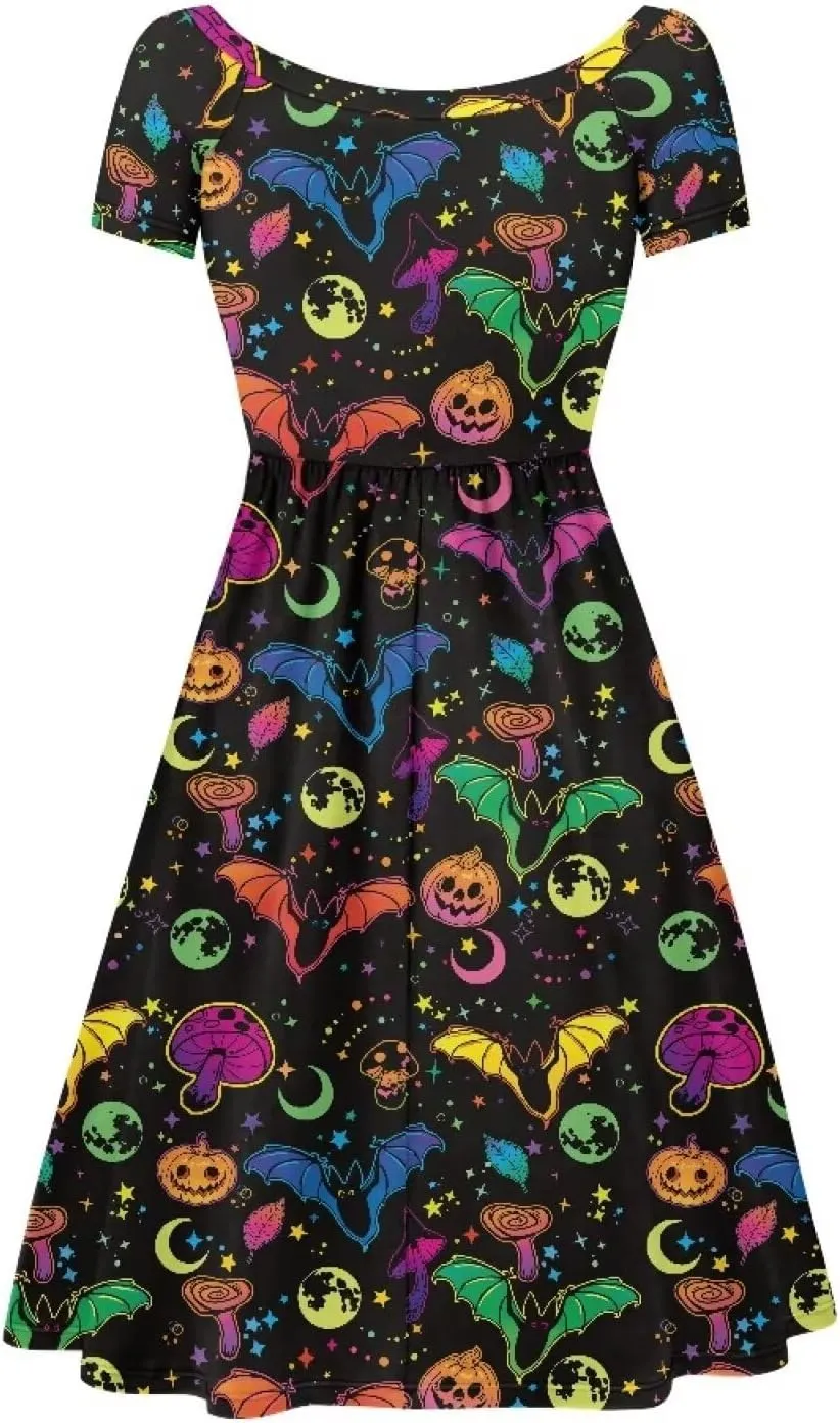 Halloween Flowy Knee Length Dress for Women Scoop Neck Short Sleeve Midi Dress Size XS-4XL