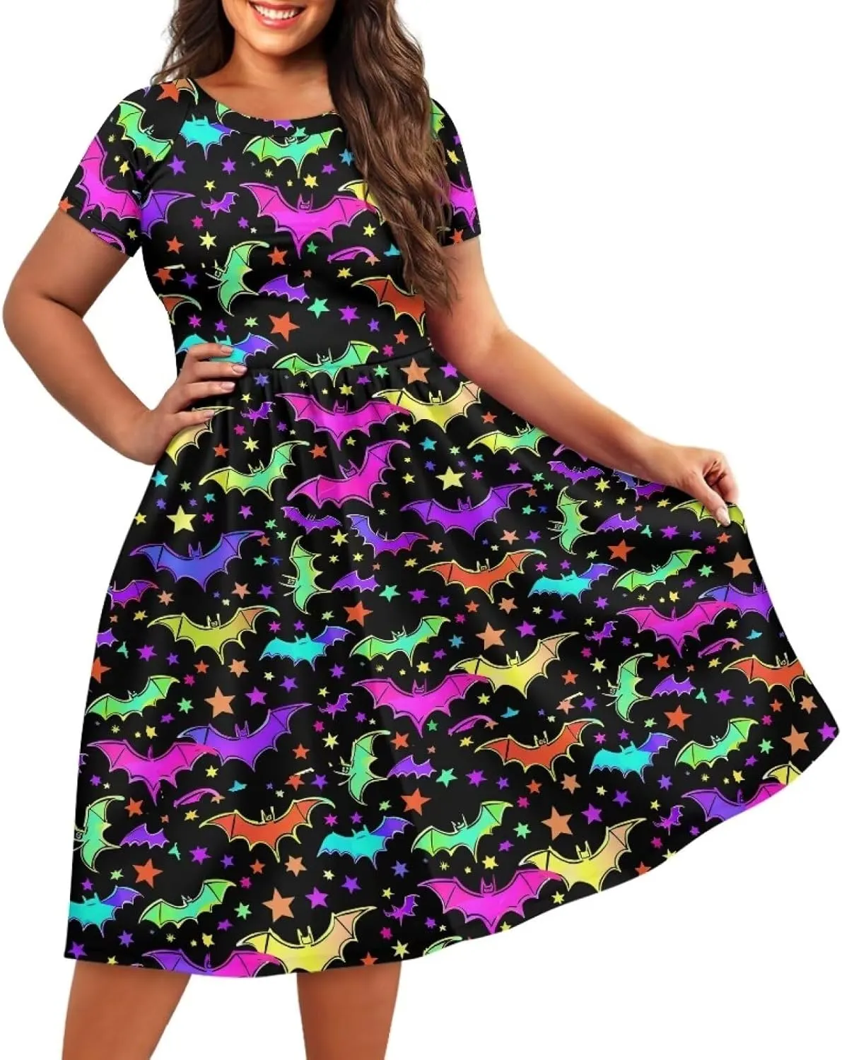 Halloween Flowy Knee Length Dress for Women Scoop Neck Short Sleeve Midi Dress Size XS-4XL