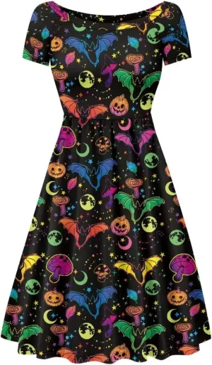 Halloween Flowy Knee Length Dress for Women Scoop Neck Short Sleeve Midi Dress Size XS-4XL