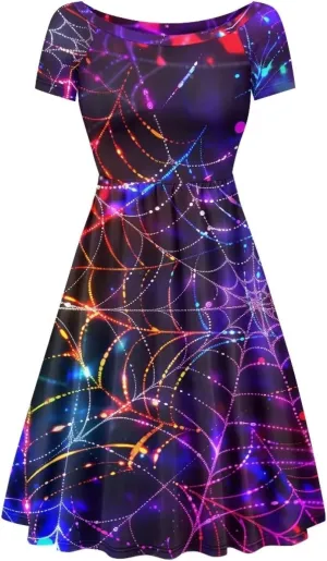Halloween Flowy Knee Length Dress for Women Scoop Neck Short Sleeve Midi Dress Size XS-4XL