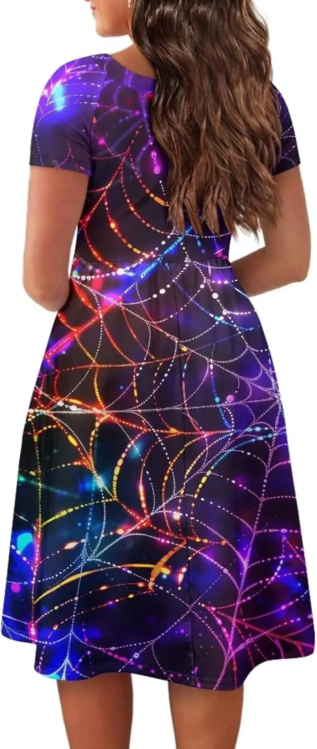 Halloween Flowy Knee Length Dress for Women Scoop Neck Short Sleeve Midi Dress Size XS-4XL