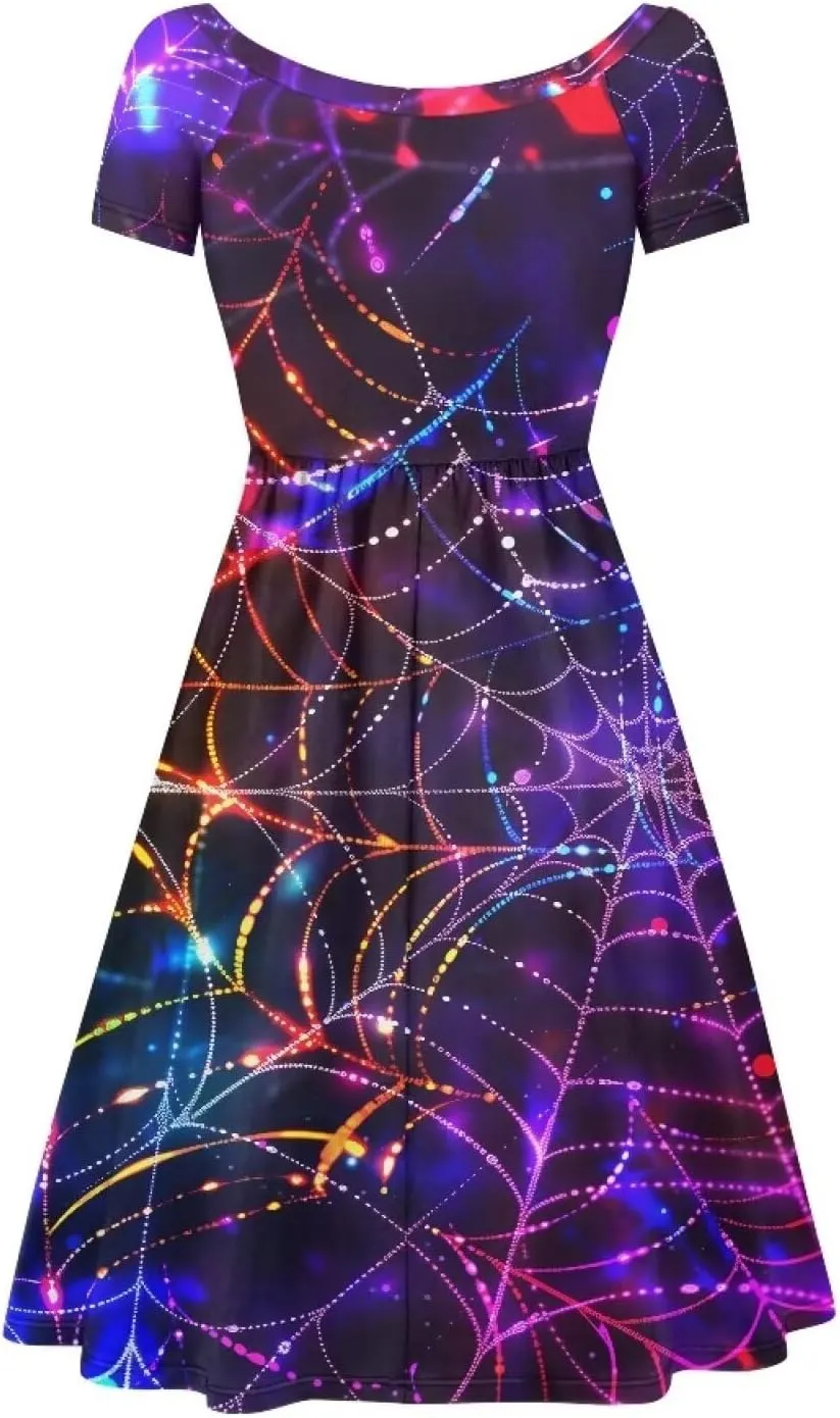 Halloween Flowy Knee Length Dress for Women Scoop Neck Short Sleeve Midi Dress Size XS-4XL