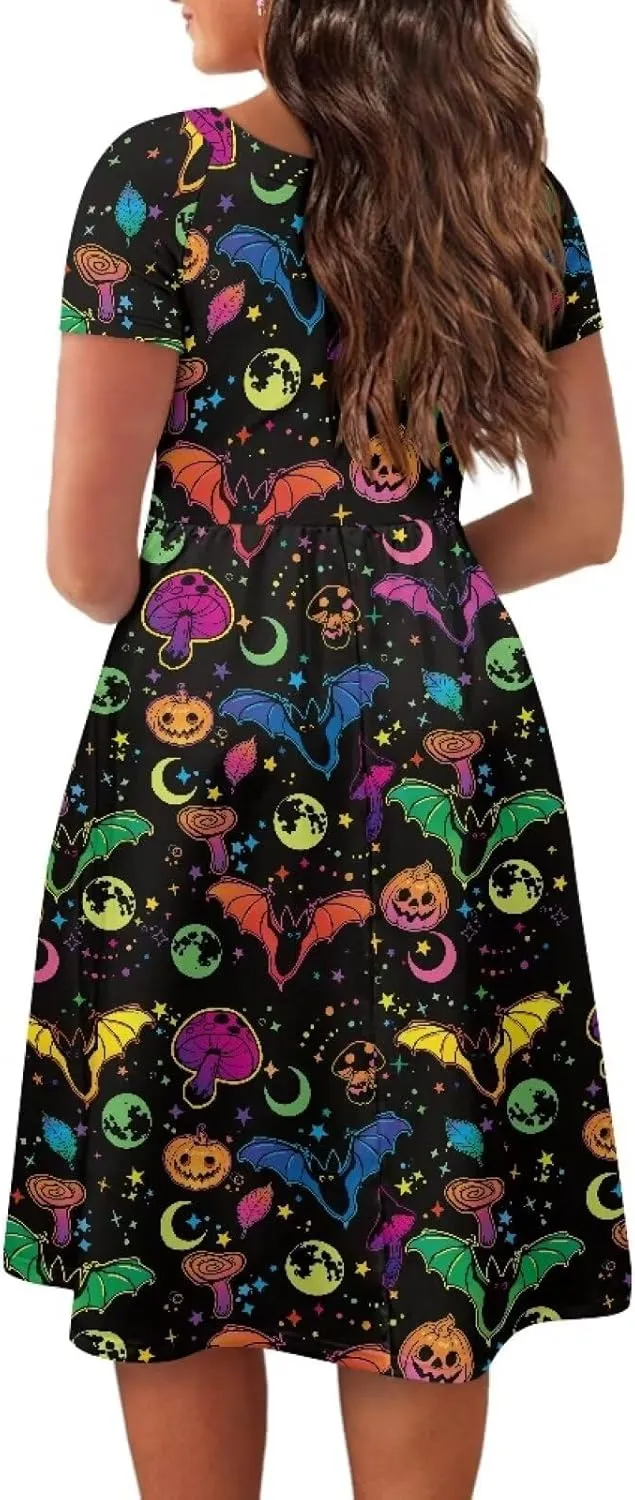 Halloween Flowy Knee Length Dress for Women Scoop Neck Short Sleeve Midi Dress Size XS-4XL