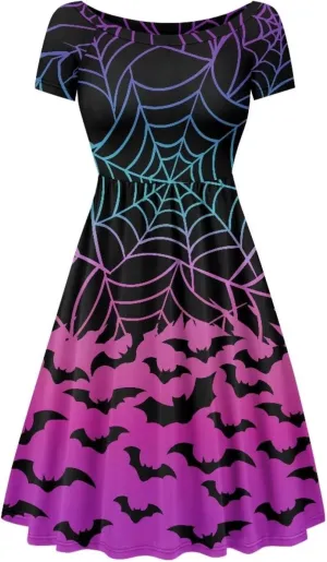 Halloween Flowy Knee Length Dress for Women Scoop Neck Short Sleeve Midi Dress Size XS-4XL