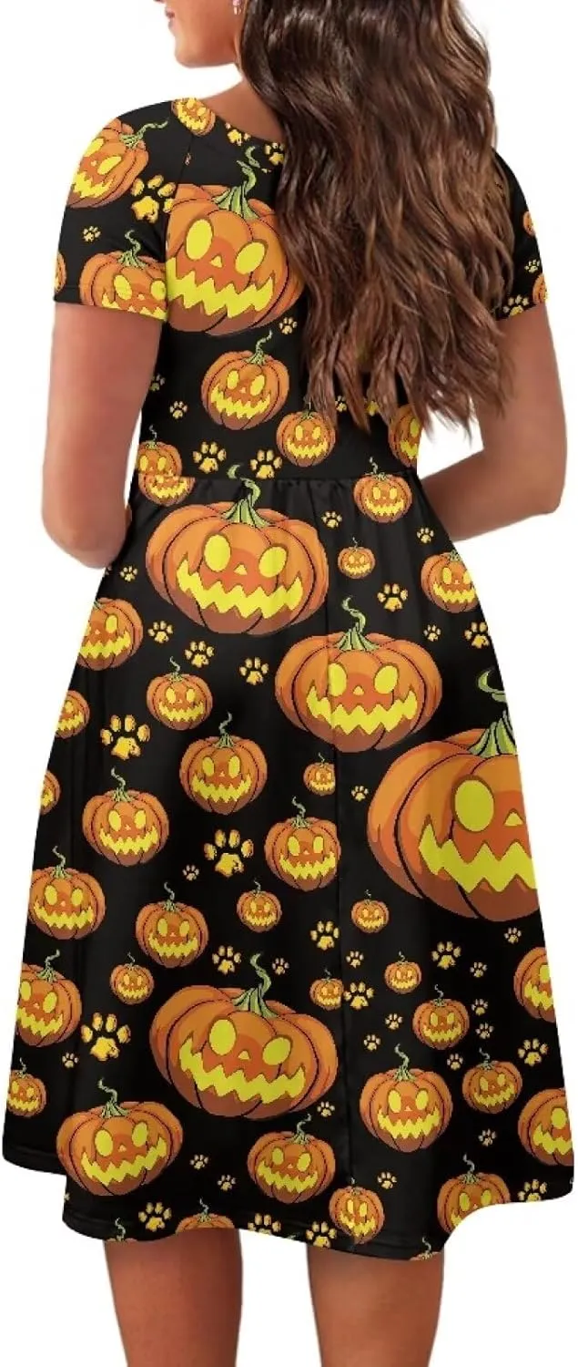 Halloween Flowy Knee Length Dress for Women Scoop Neck Short Sleeve Midi Dress Size XS-4XL