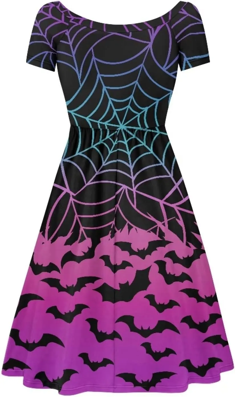 Halloween Flowy Knee Length Dress for Women Scoop Neck Short Sleeve Midi Dress Size XS-4XL