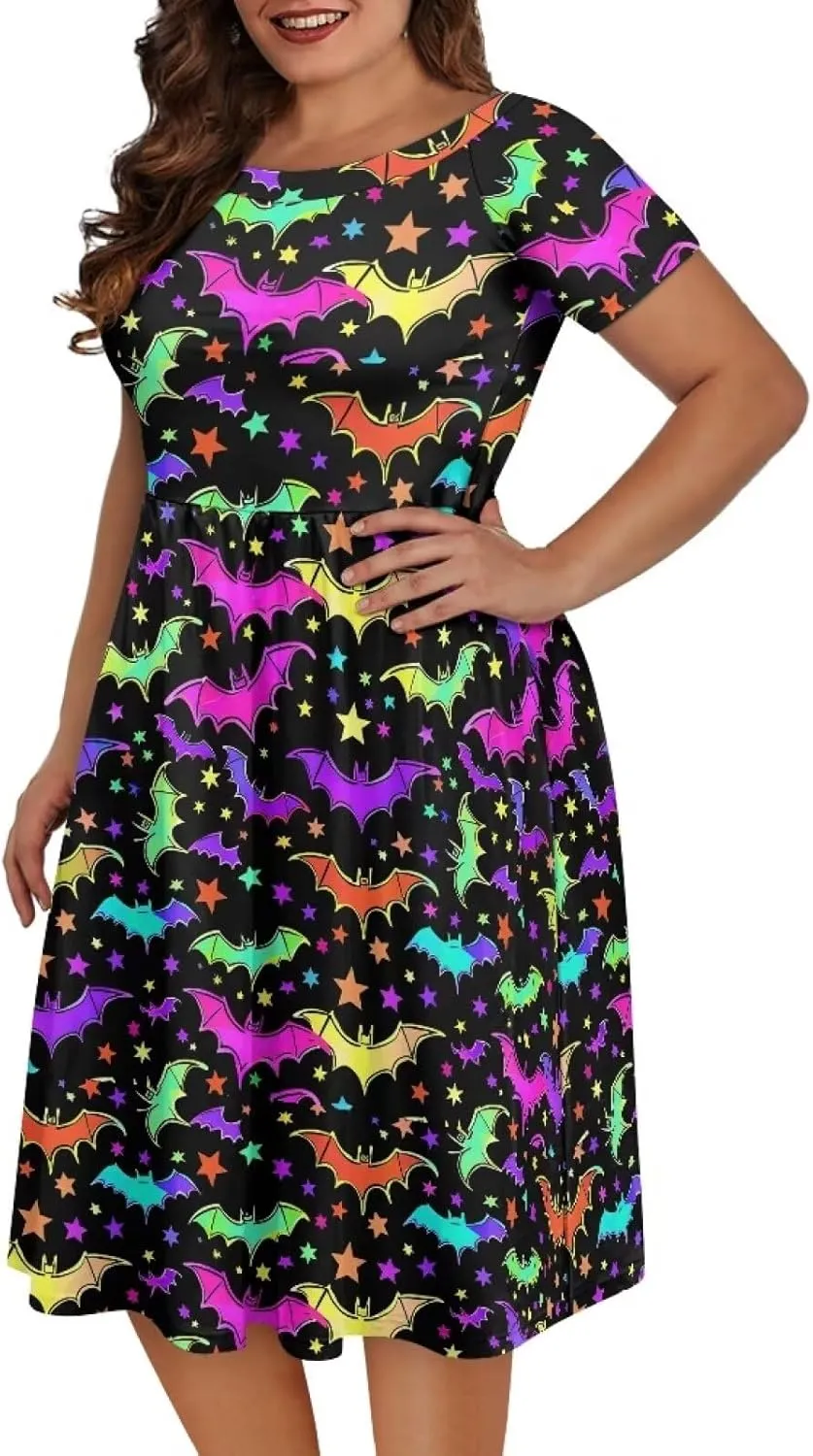 Halloween Flowy Knee Length Dress for Women Scoop Neck Short Sleeve Midi Dress Size XS-4XL