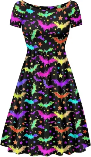 Halloween Flowy Knee Length Dress for Women Scoop Neck Short Sleeve Midi Dress Size XS-4XL