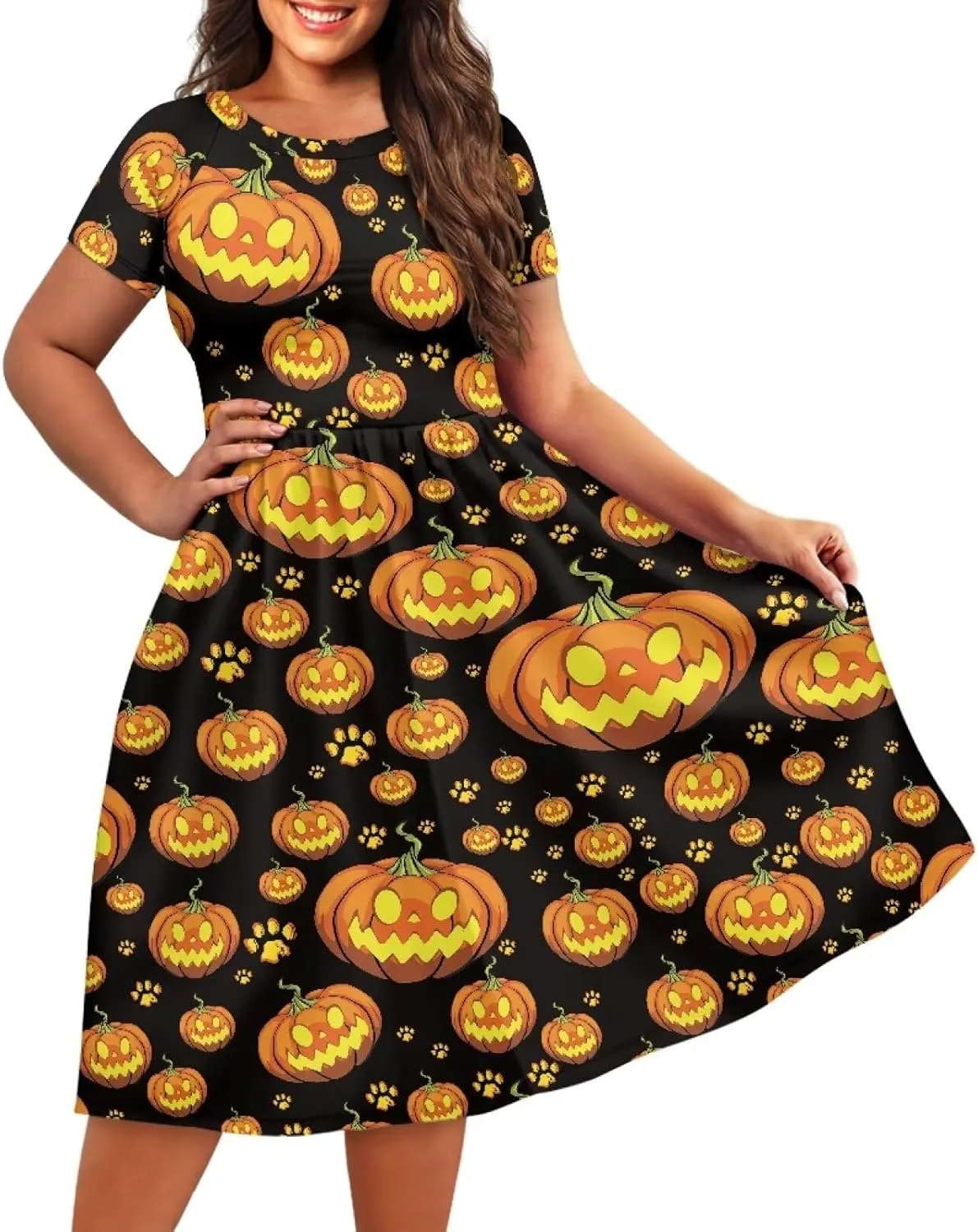 Halloween Flowy Knee Length Dress for Women Scoop Neck Short Sleeve Midi Dress Size XS-4XL