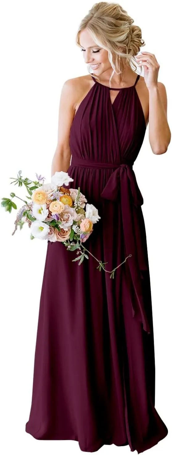 Halter Chiffon Bridesmaid Dresses for Women Pleated A Line Formal Dress Evening Party Gowns with Pockets