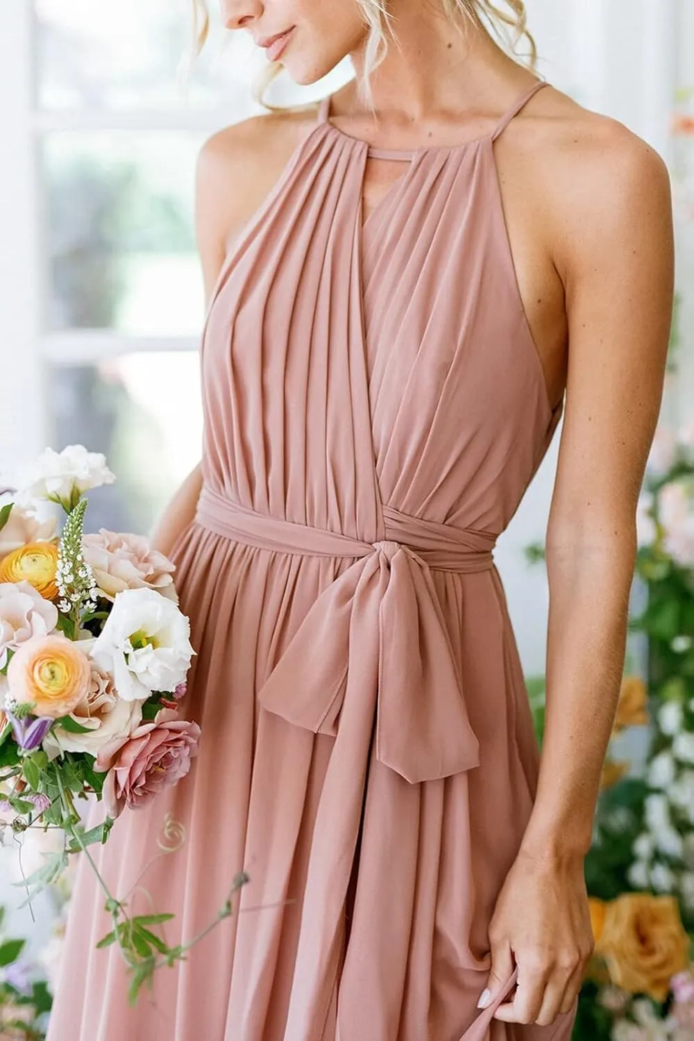 Halter Chiffon Bridesmaid Dresses for Women Pleated A Line Formal Dress Evening Party Gowns with Pockets
