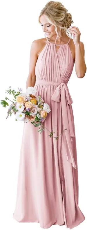 Halter Chiffon Bridesmaid Dresses for Women Pleated A Line Formal Dress Evening Party Gowns with Pockets