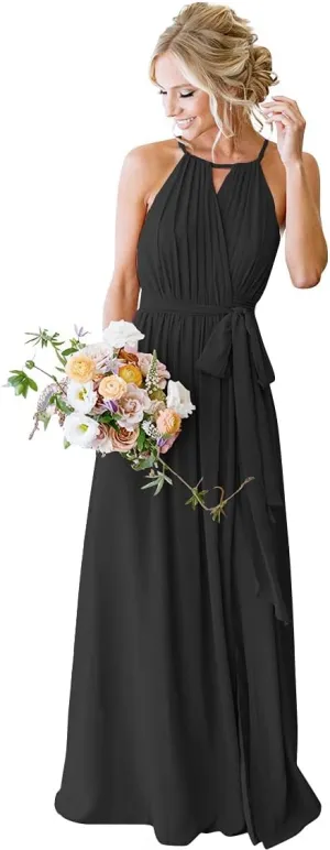 Halter Pleated Bridesmaid Dresses for Women 2025 Long Simple A Line Prom Dress with Pockets X06