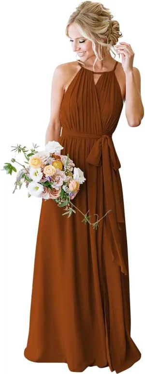 Halter Pleated Bridesmaid Dresses for Women 2025 Long Simple A Line Prom Dress with Pockets X06