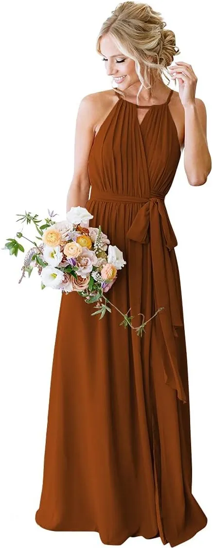 Halter Pleated Bridesmaid Dresses for Women 2025 Long Simple A Line Prom Dress with Pockets X06