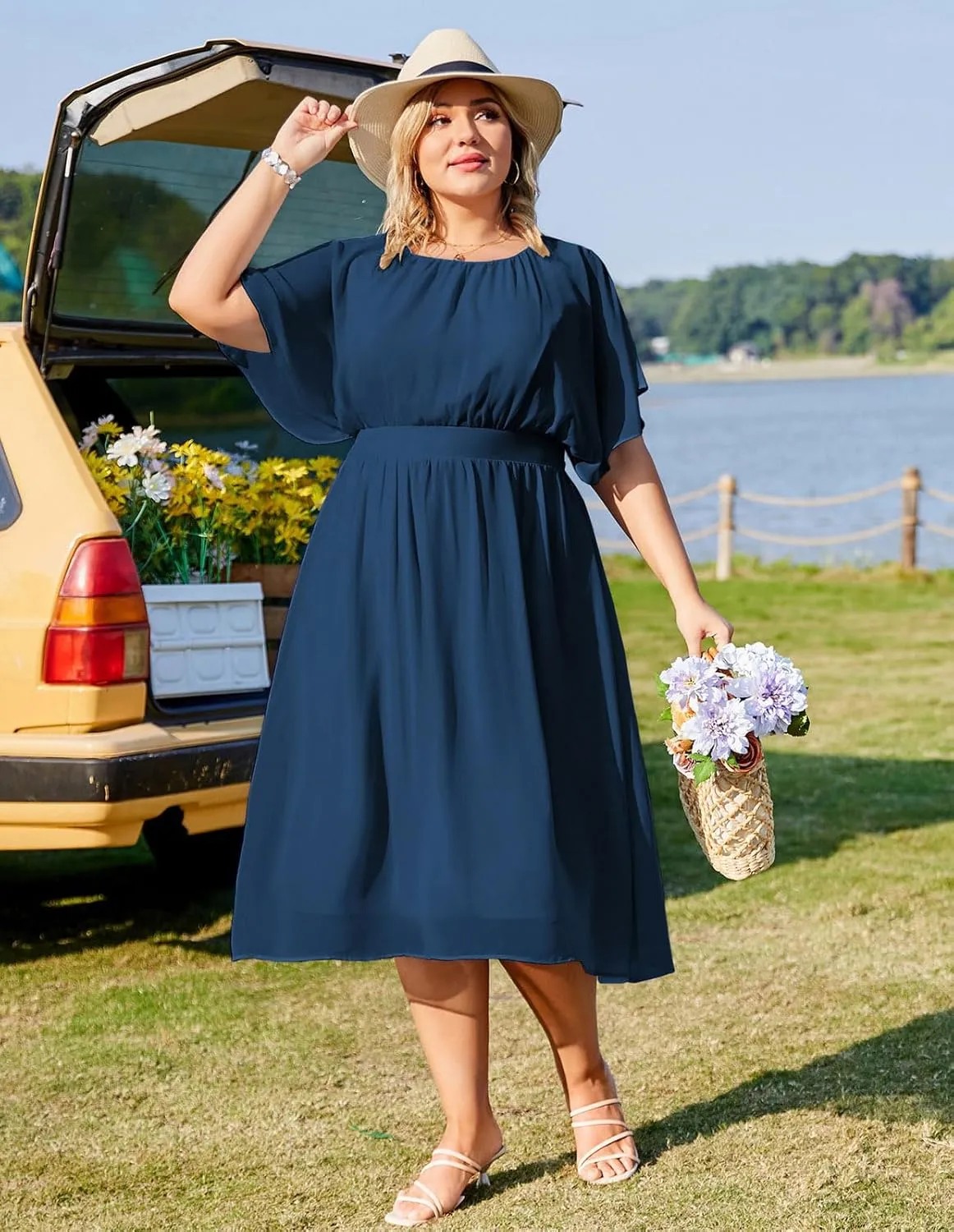Hanna Nikole Plus Size Chiffon Dresses for Women Flounce Sleeves Empire Waist A Line Summer Beach Dress