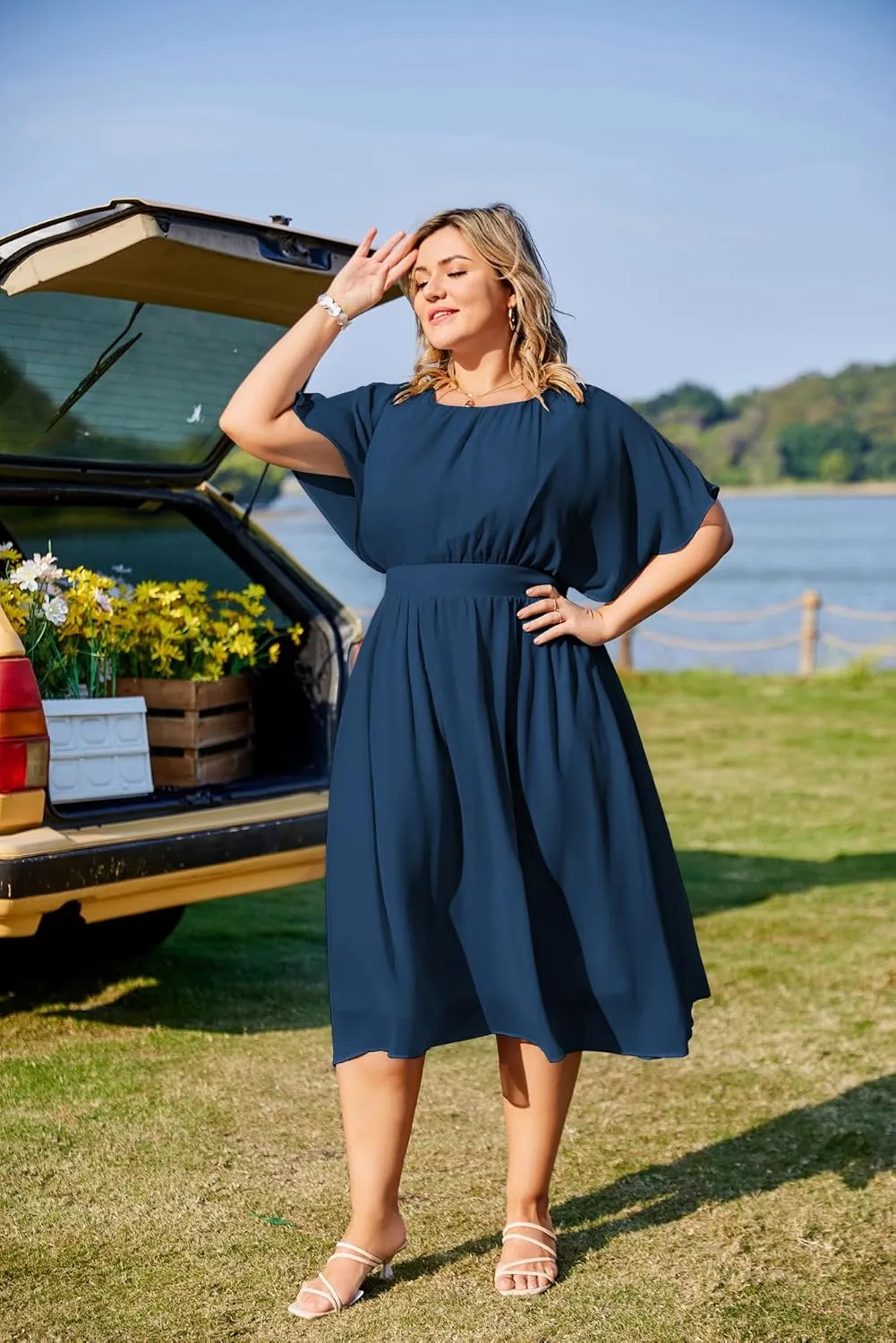Hanna Nikole Plus Size Chiffon Dresses for Women Flounce Sleeves Empire Waist A Line Summer Beach Dress