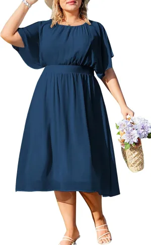 Hanna Nikole Plus Size Chiffon Dresses for Women Flounce Sleeves Empire Waist A Line Summer Beach Dress