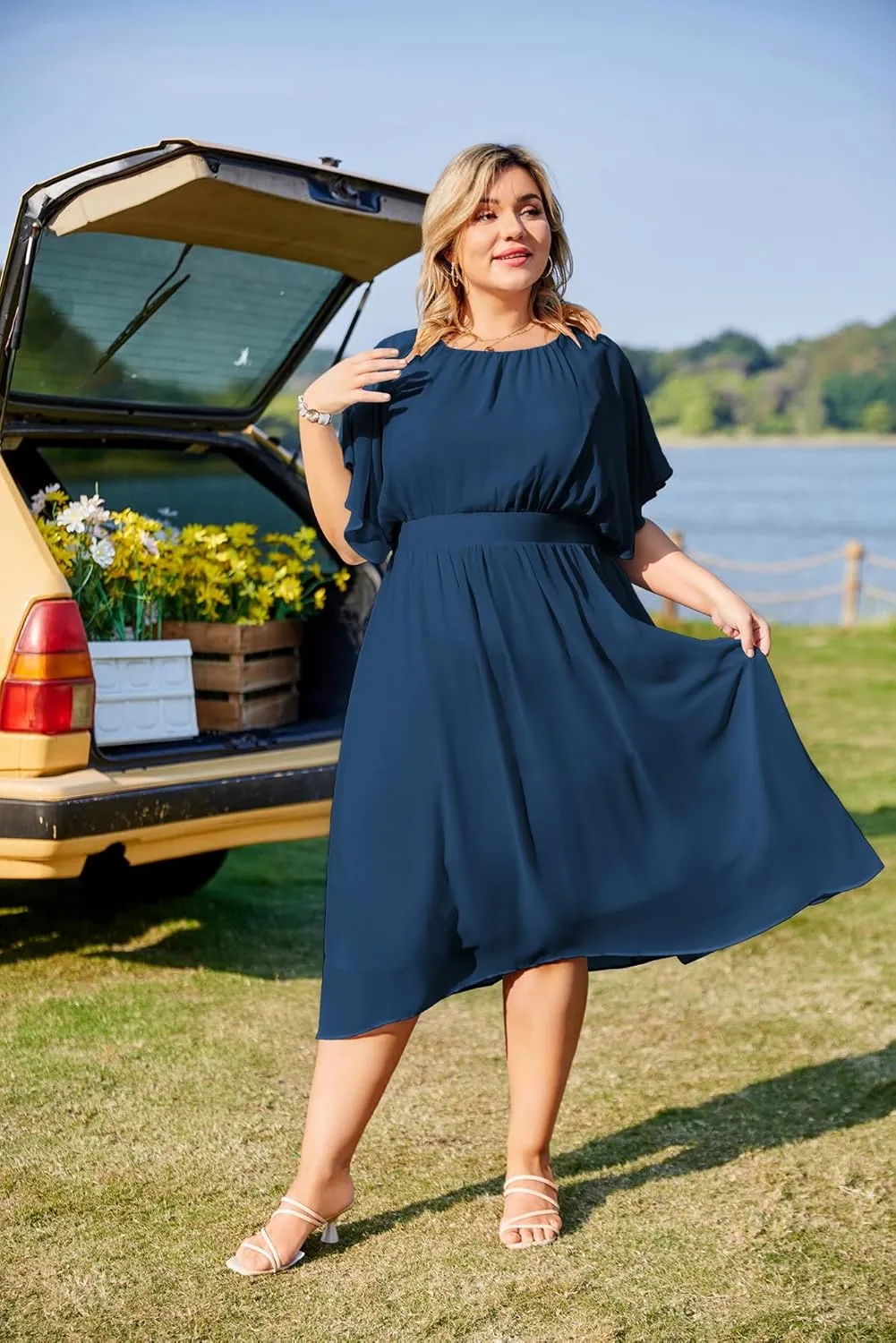 Hanna Nikole Plus Size Chiffon Dresses for Women Flounce Sleeves Empire Waist A Line Summer Beach Dress