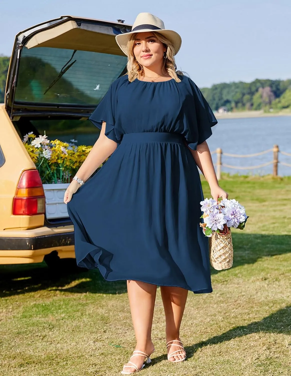 Hanna Nikole Plus Size Chiffon Dresses for Women Flounce Sleeves Empire Waist A Line Summer Beach Dress