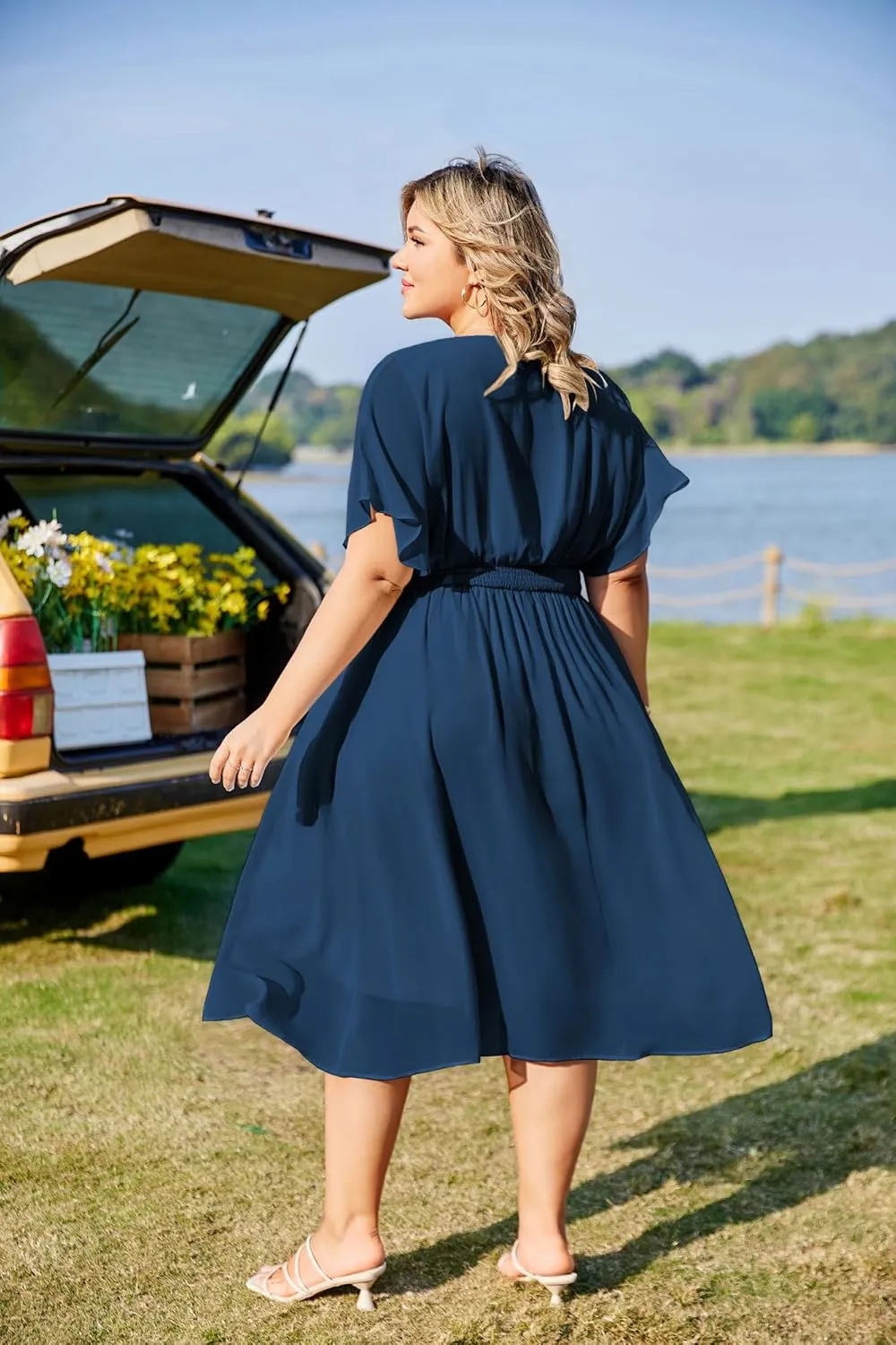 Hanna Nikole Plus Size Chiffon Dresses for Women Flounce Sleeves Empire Waist A Line Summer Beach Dress